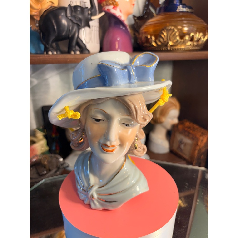 Vintage Ceramic Lady Head Vase Blue Hat Gold Trim Mid Century Style Figurine